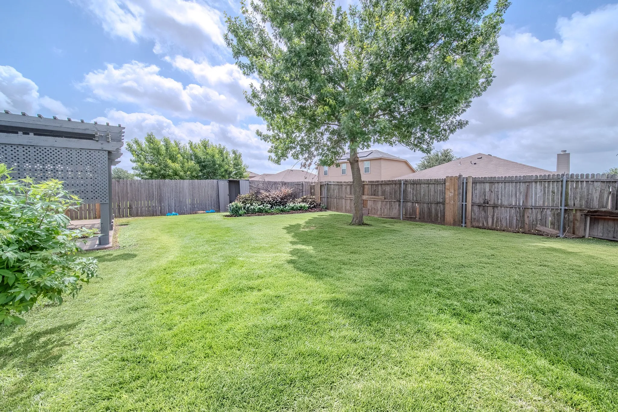 Expansive backyard featuring a lush lawn, mature tree, and a dark-stained wood pergola
