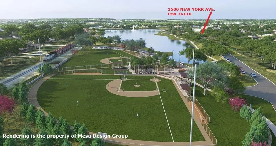 Aerial perspective showcasing a vibrant community park with multiple baseball fields