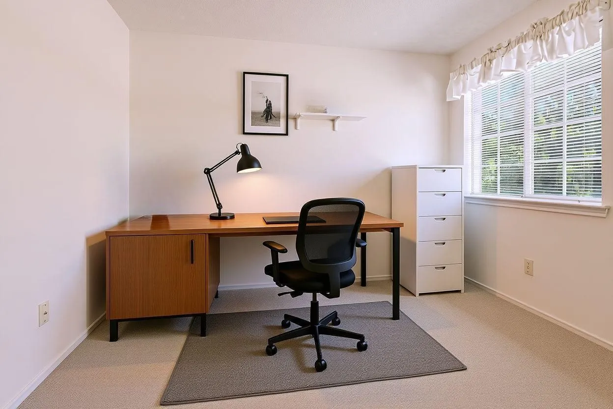Virtually staged bedroom 3: bright room with a large window, neutral carpeting, and white walls