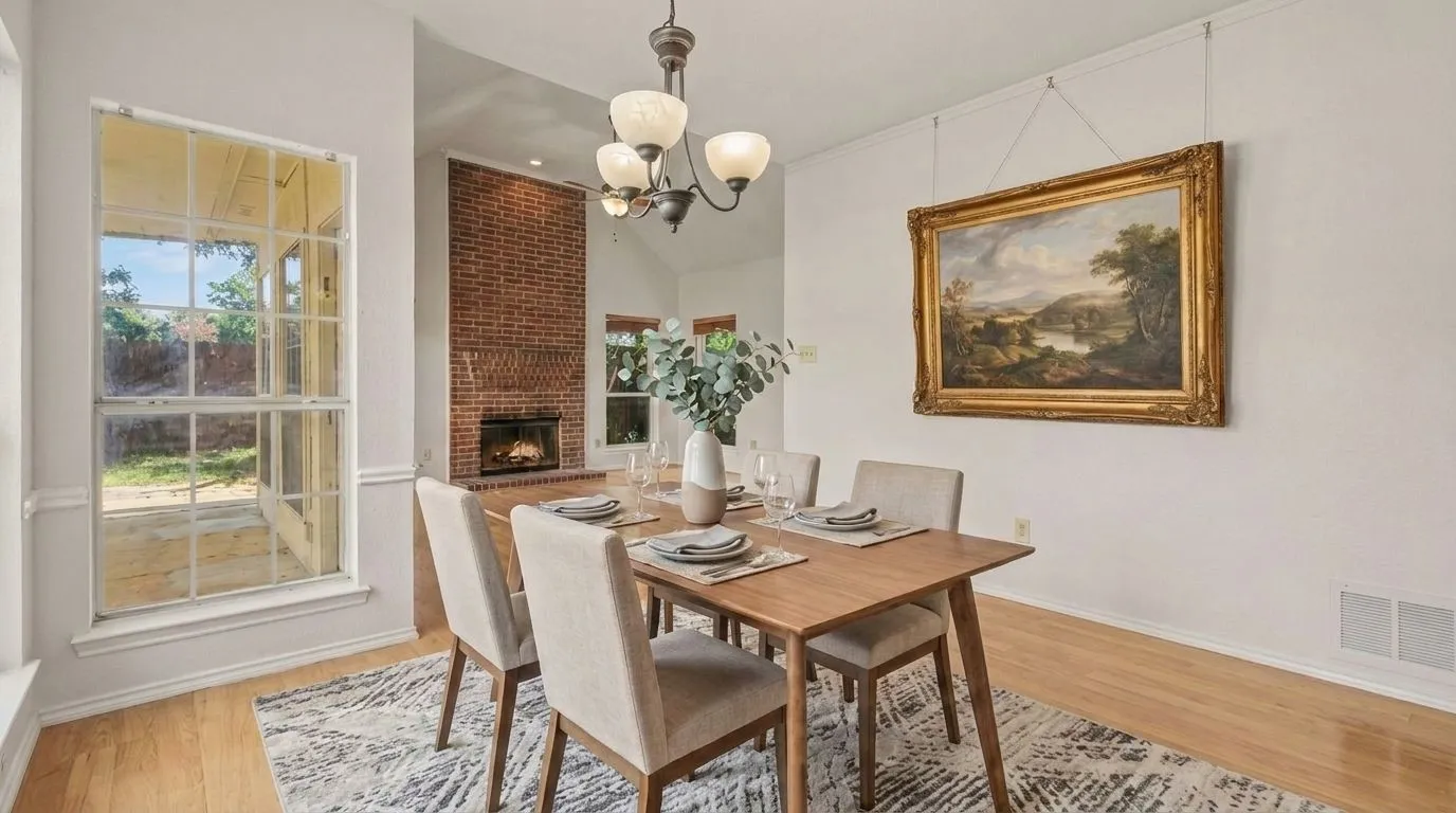 Virtuall staged dining room featuring wood-finish flooring, a multi-pane window, a chandelier, and a brick-faced fireplace with a hearth