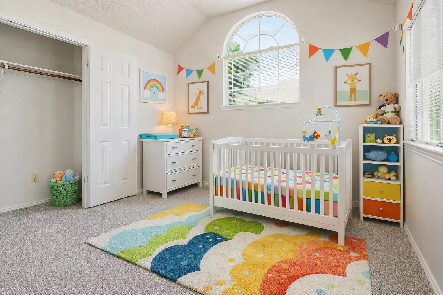 Virtually staged 2nd bedroom, vaulted ceiling room with an arched window and an additional window with blinds