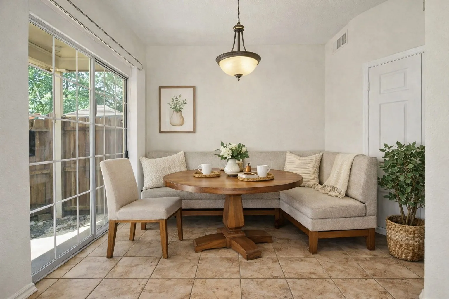 Virtually staged, light-filled breakfast nook with tile flooring, bronze-finish pendant light fixture