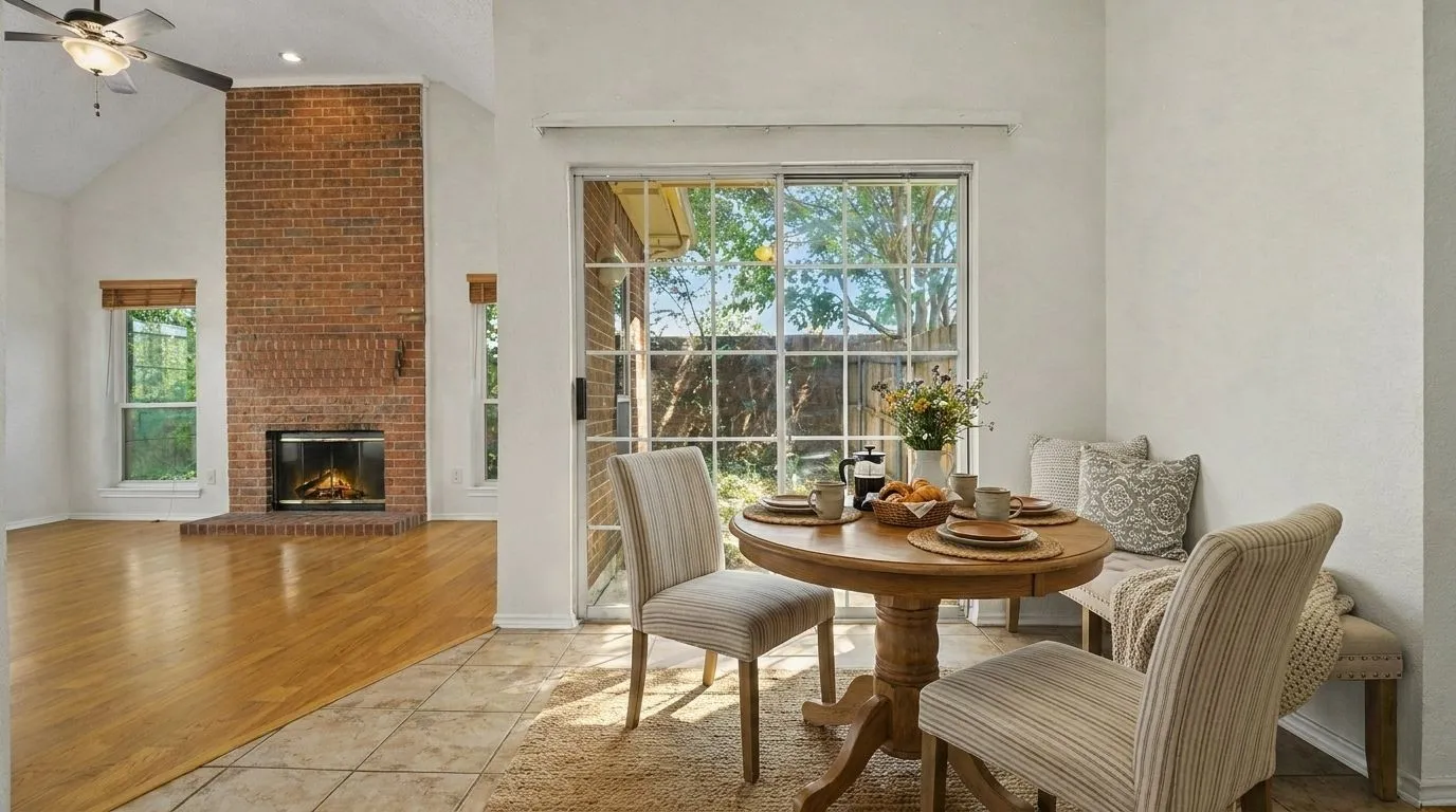 Virtually staged bright dining area with tile flooring and sliding glass door access to the exterior
