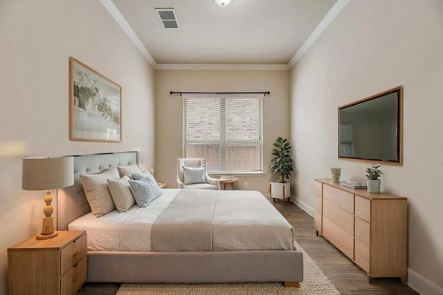 Wood-finish flooring with crown molding