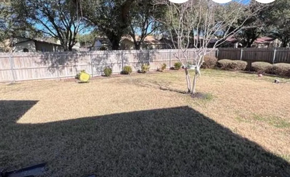 Expansive backyard featuring a privacy fence, established shrubbery, mature trees, and ample open space