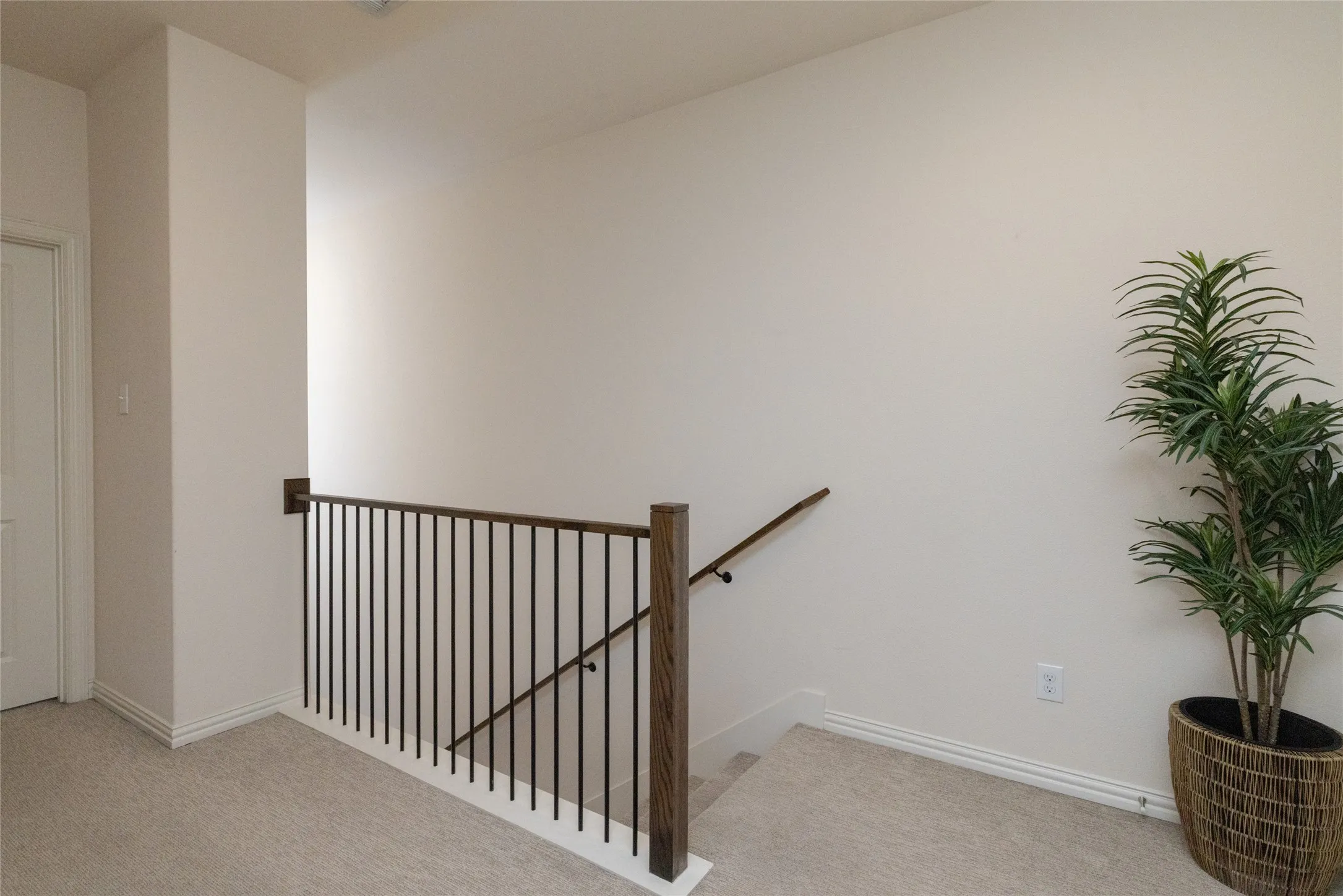Carpeted landing featuring a dark wood-finish handrail and black metal balusters