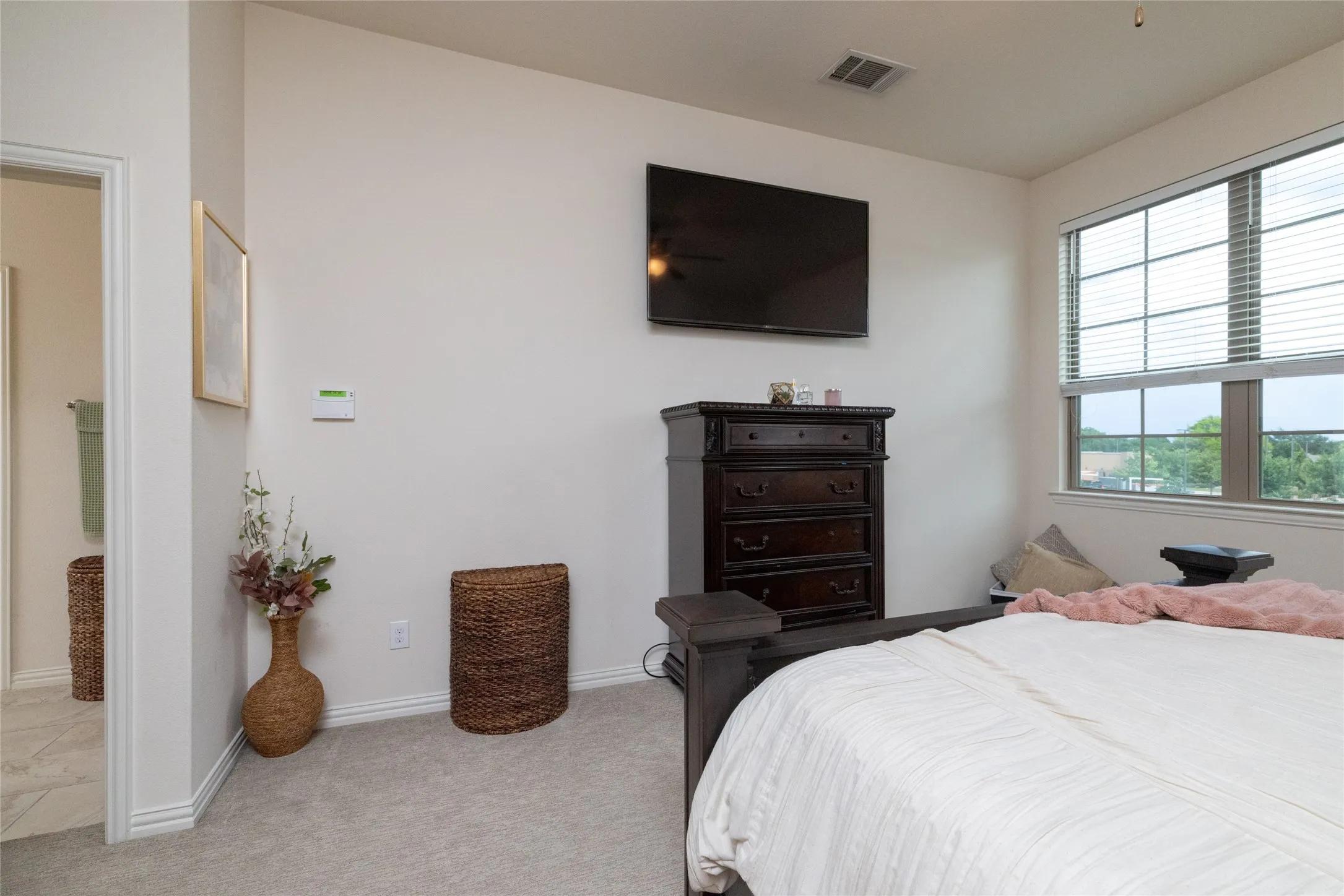 Carpeted room featuring a large window with blinds, ceiling fan, and wall-mounted television