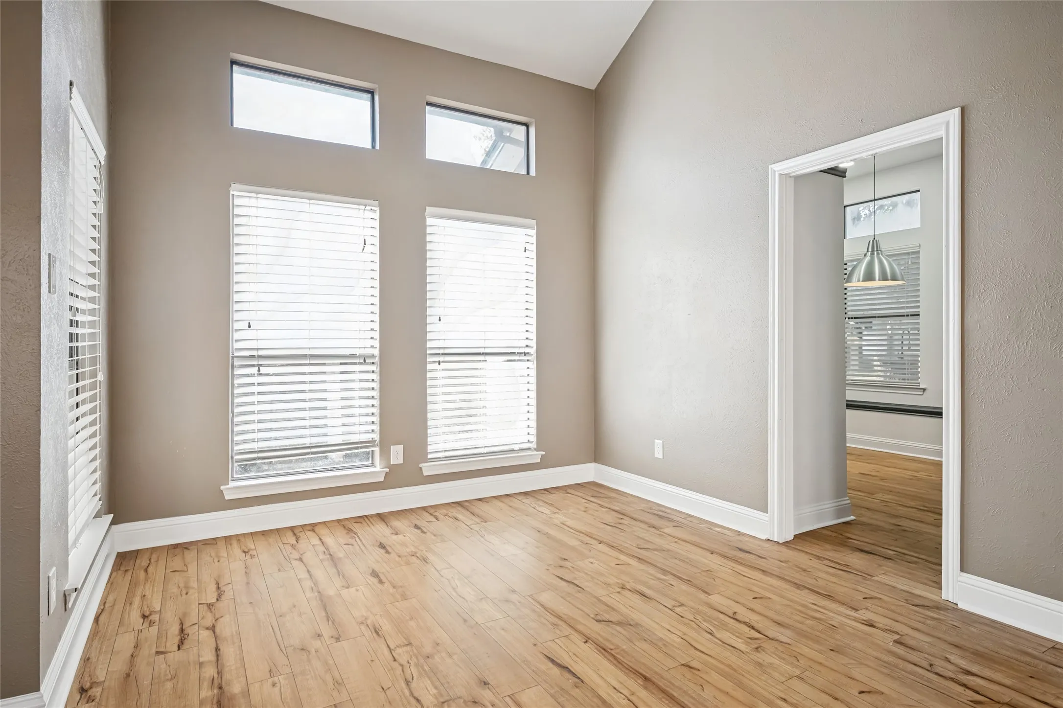 Spare room featuring baseboards, light wood-style floors, and a healthy amount of sunlight