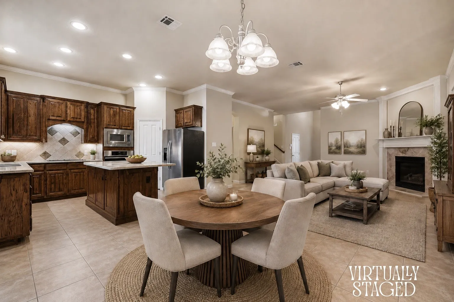 Virtually staged pen-concept living space with a kitchen, dining area, and living room.