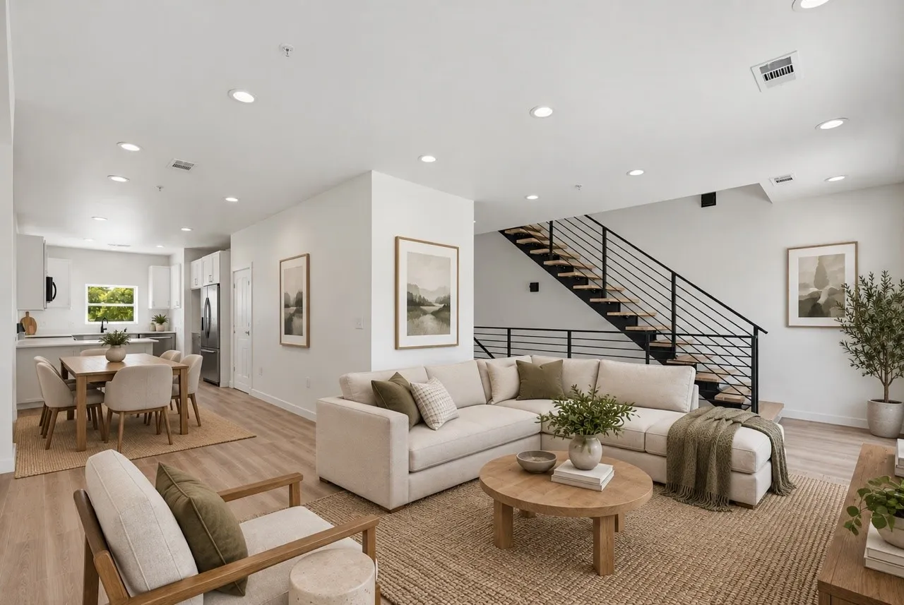 Open-concept living space featuring wood-finish flooring, recessed lighting, and a modern staircase with metal railings