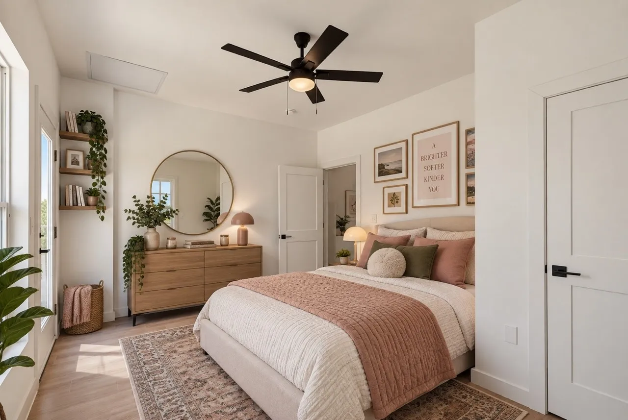 Light wood-finish flooring, ceiling fan with integrated lighting, wood-finish floating shelves, and white doors with matte black hardware