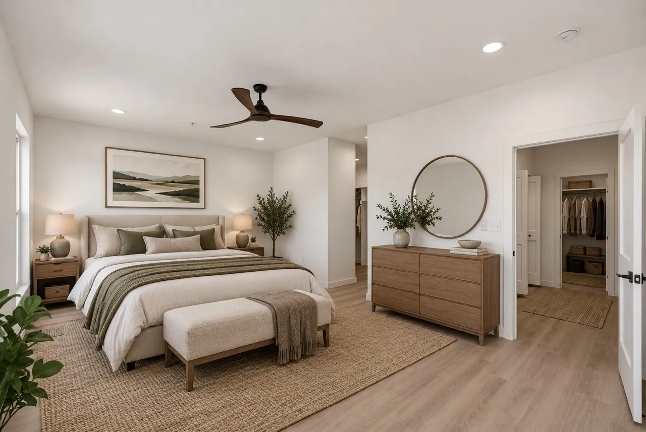 Recessed lighting, wood-finish flooring, ceiling fan, and white interior doors