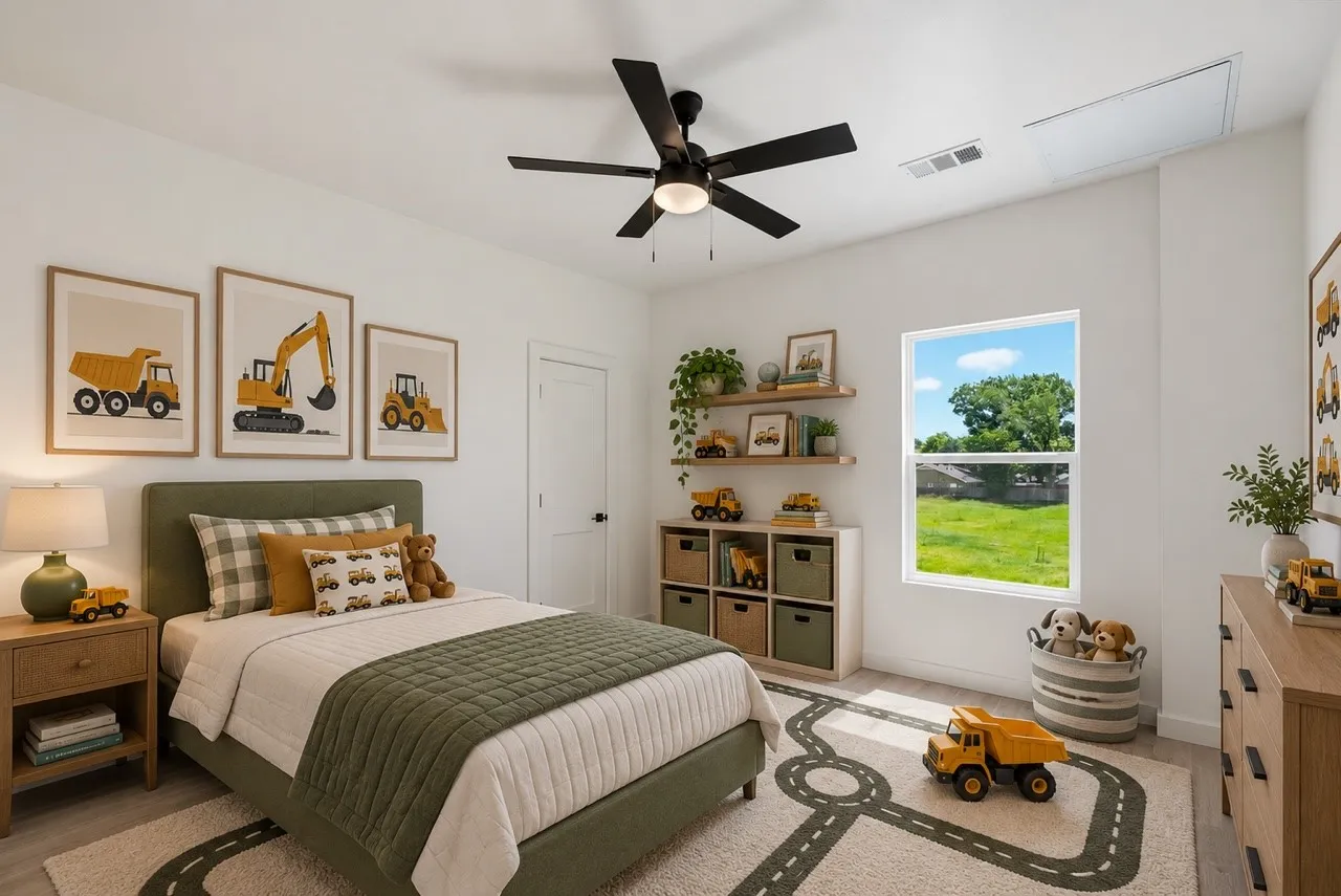 White walls featuring a black ceiling fan, wood-finish flooring, and a single window