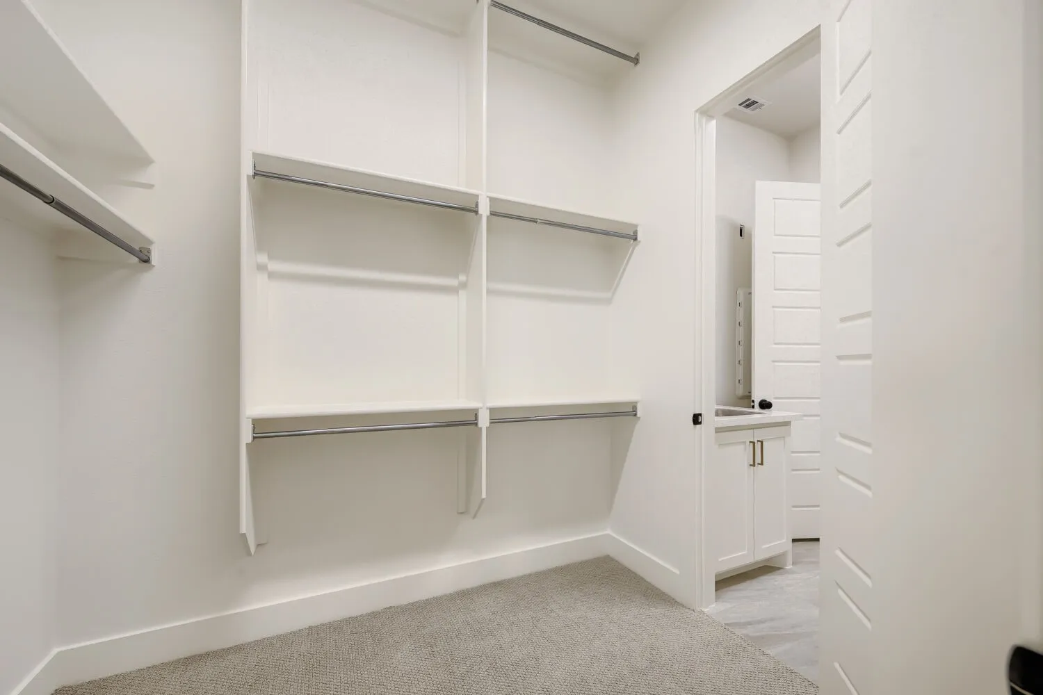 White walls featuring built-in shelving, chrome rods, and grey carpeting