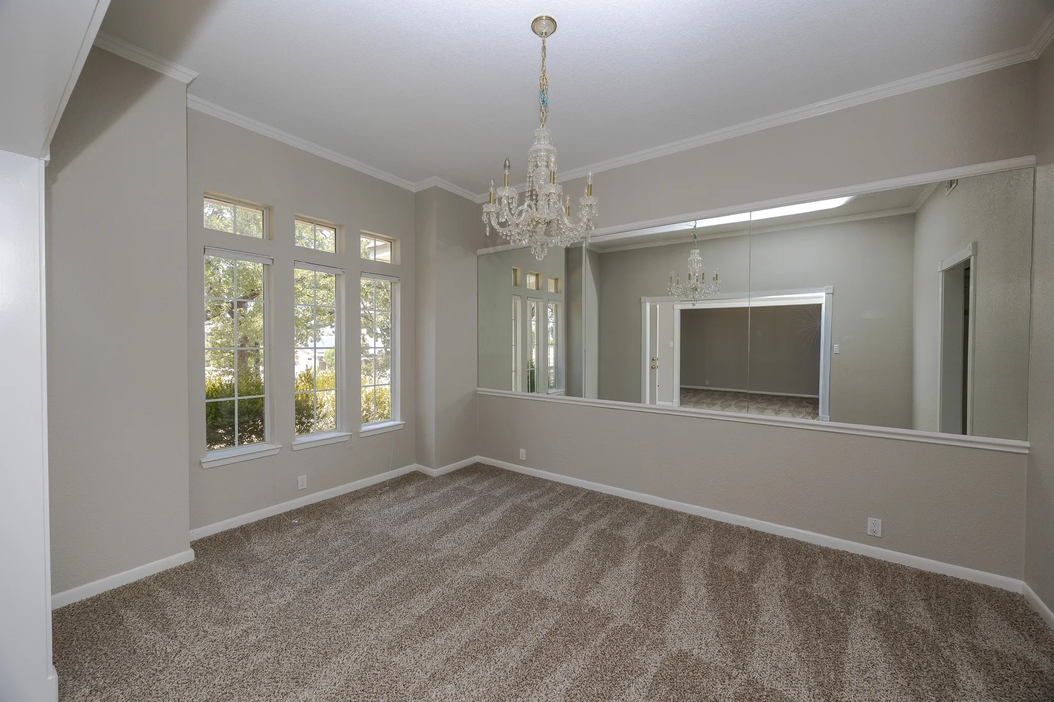 Recessed wall mirrors, chandelier lighting, crown molding, multiple transom windows, and neutral carpeting