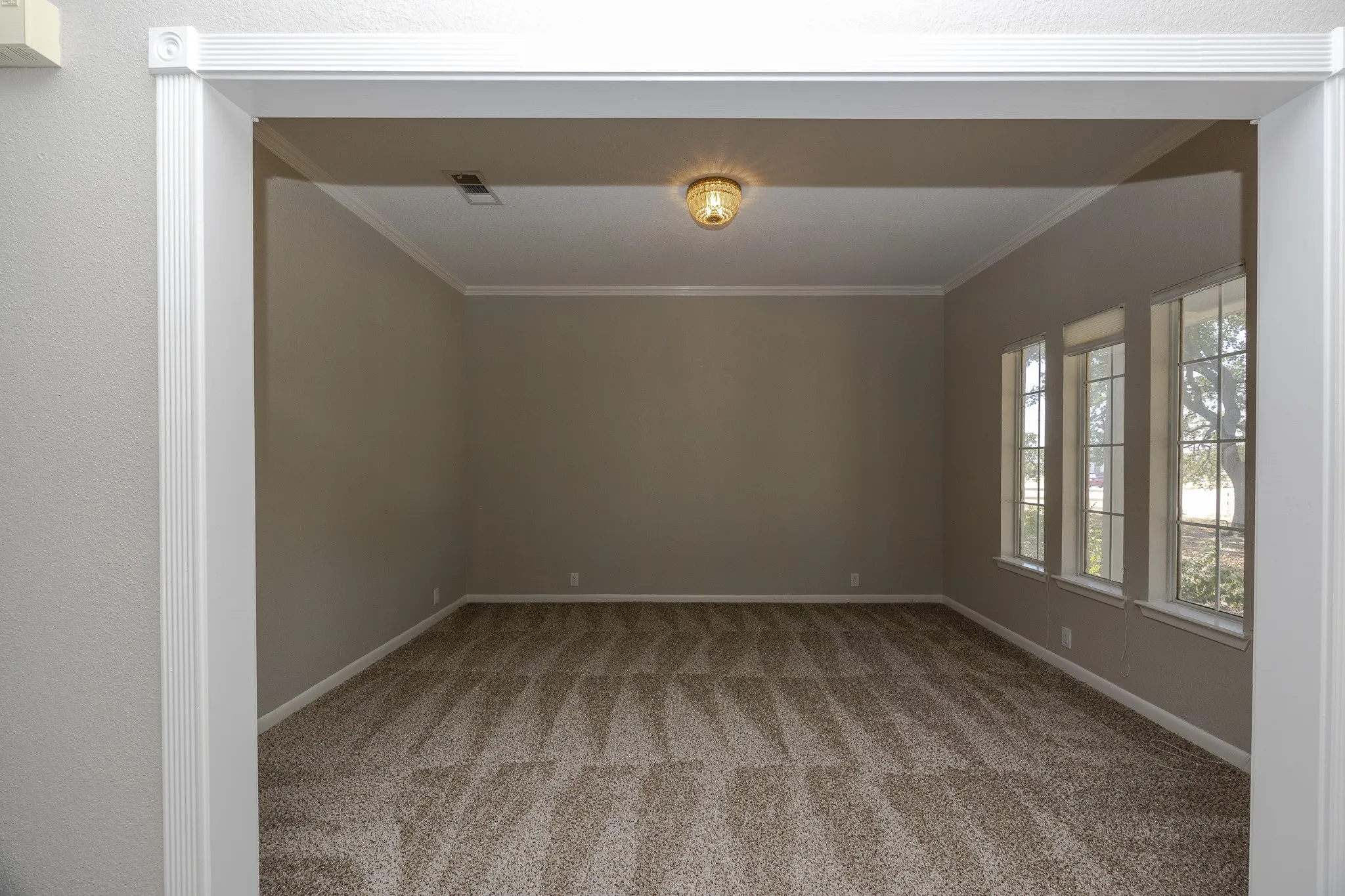 Spacious room featuring neutral wall tones, patterned carpeting, multiple windows, and a flush mount ceiling light