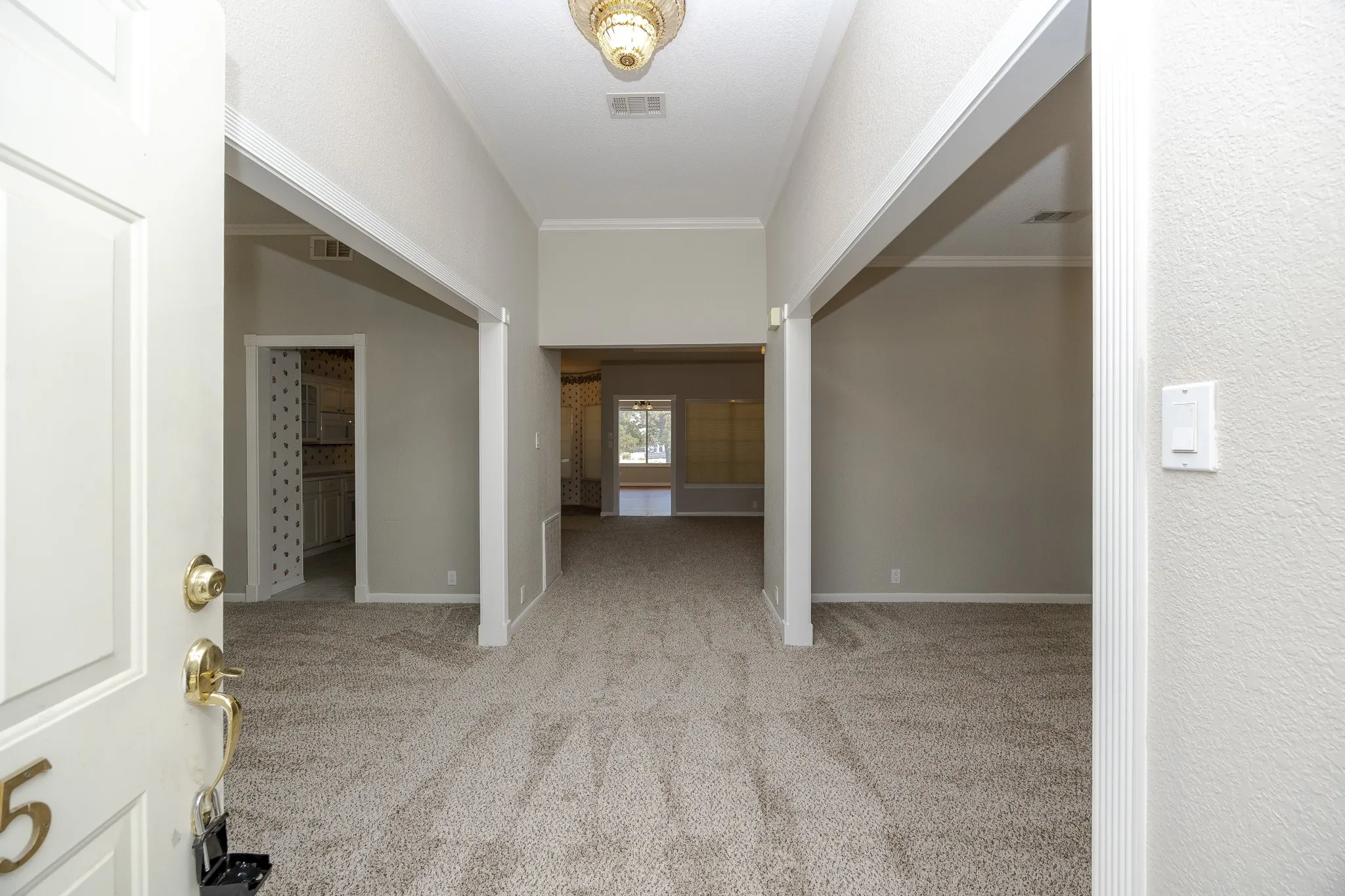 Vaulted entry with an overhead fixture, framed openings, crown molding, and carpeted flooring