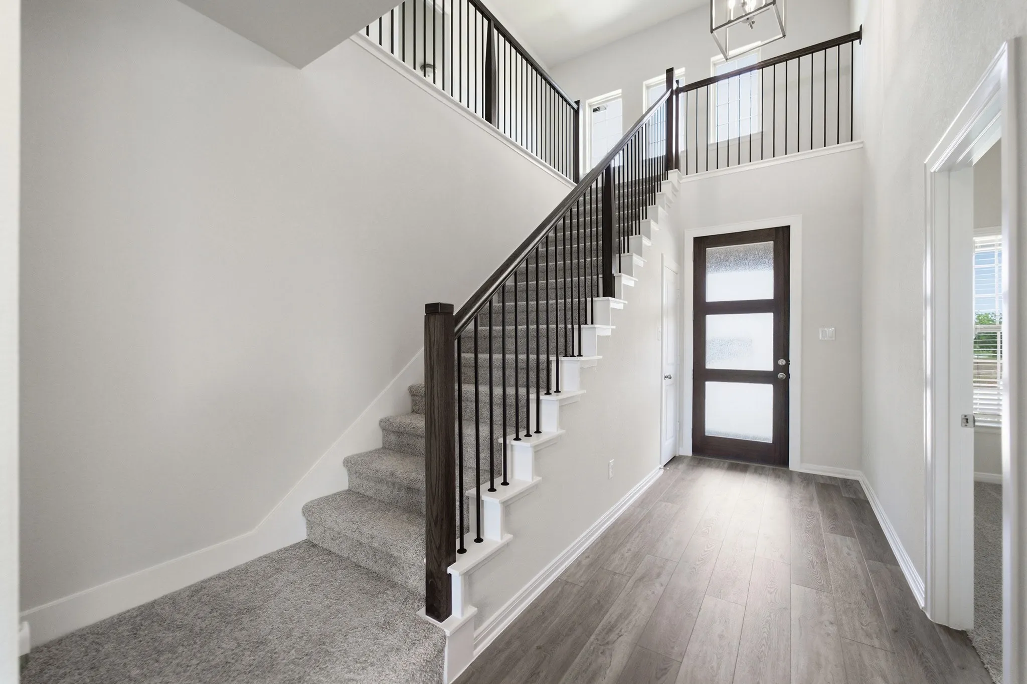 Two-story foyer featuring wood-finish flooring, a dark entry door with frosted glass panels, and a carpeted staircase with dark wood newel posts and black metal balusters
