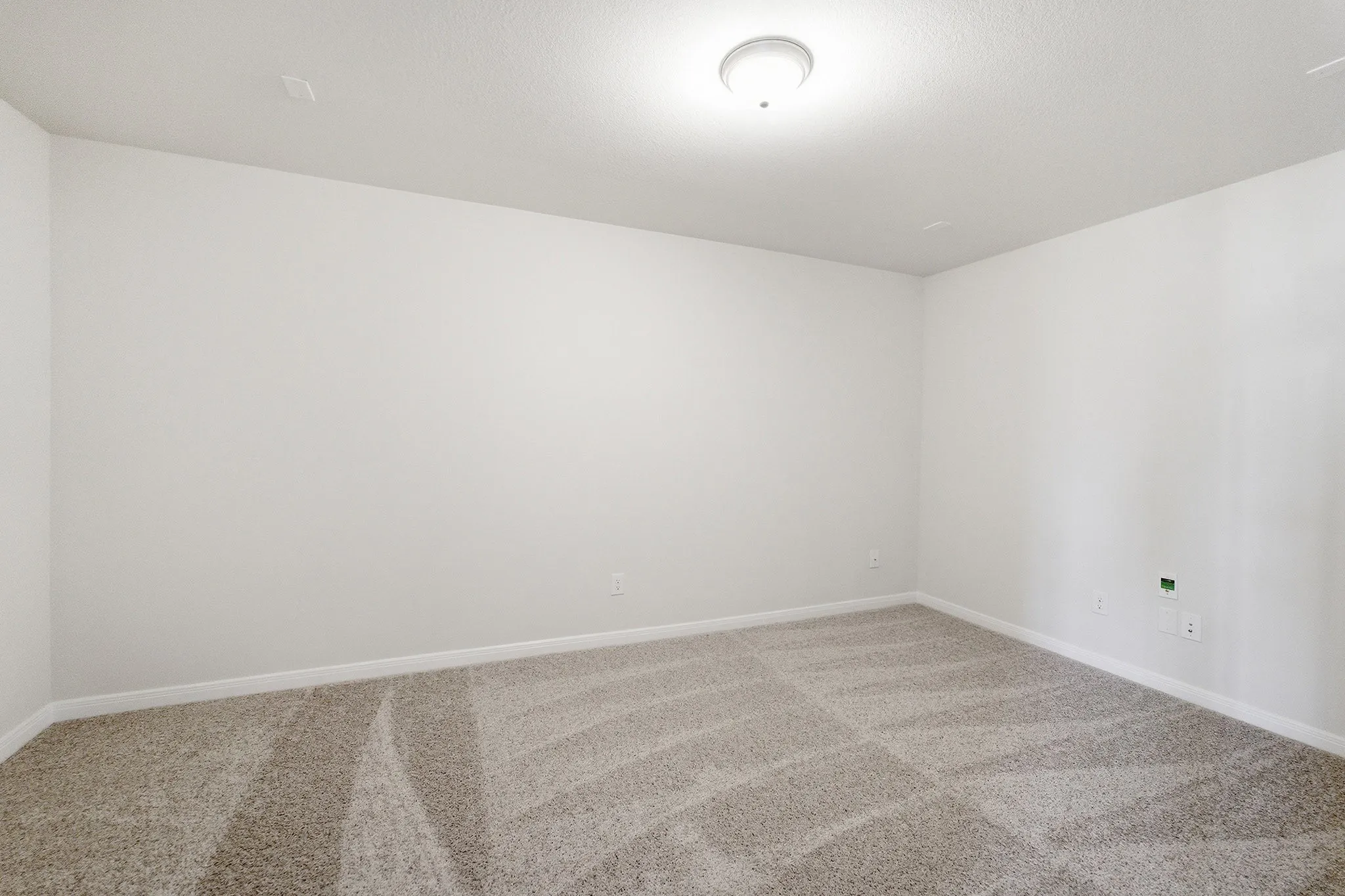 Neutral wall color with baseboard trim, light-toned carpet, and a flush mount ceiling light fixture