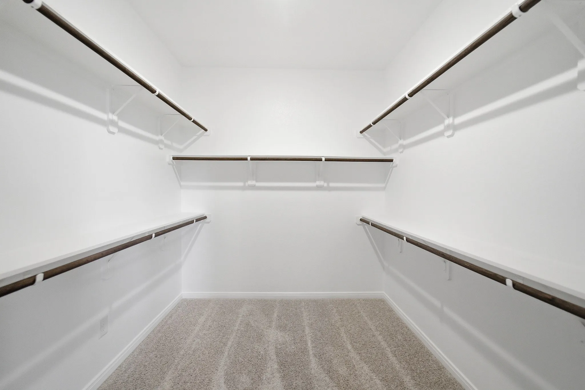 Walk-in closet featuring light-toned carpeting, white walls, multiple built-in shelves, and clothing rods