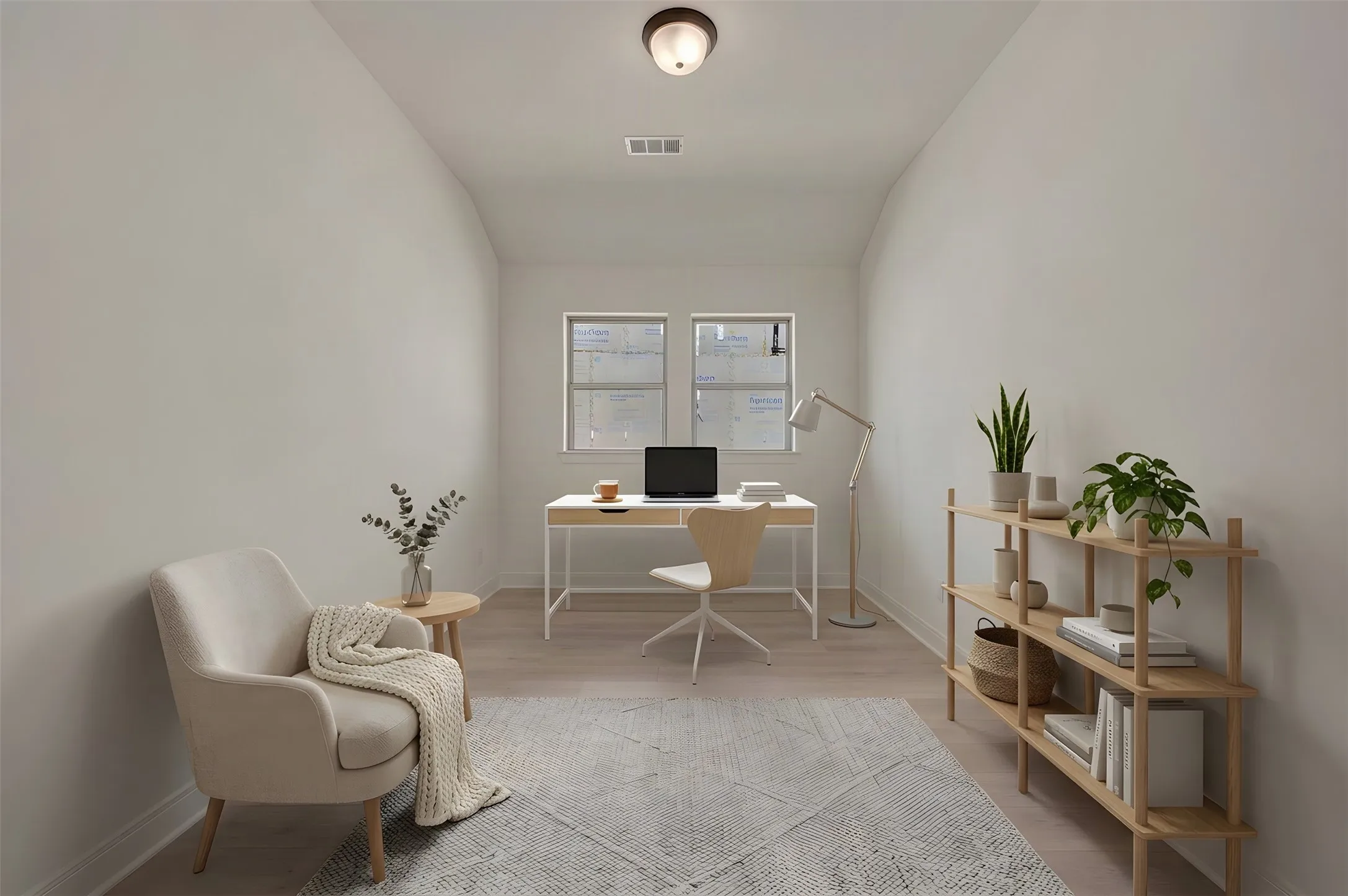 Vaulted ceiling, two windows, wood-finish flooring, recessed lighting, and a flush mount light fixture