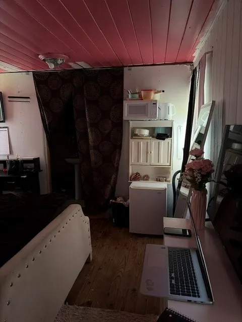 Wood-finish flooring with a pink plank ceiling