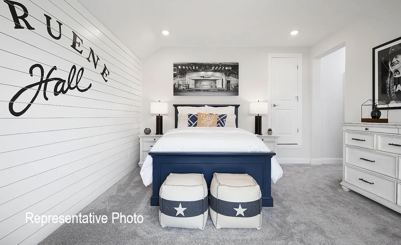 White shiplap accent wall, recessed lighting, and soft gray carpeting