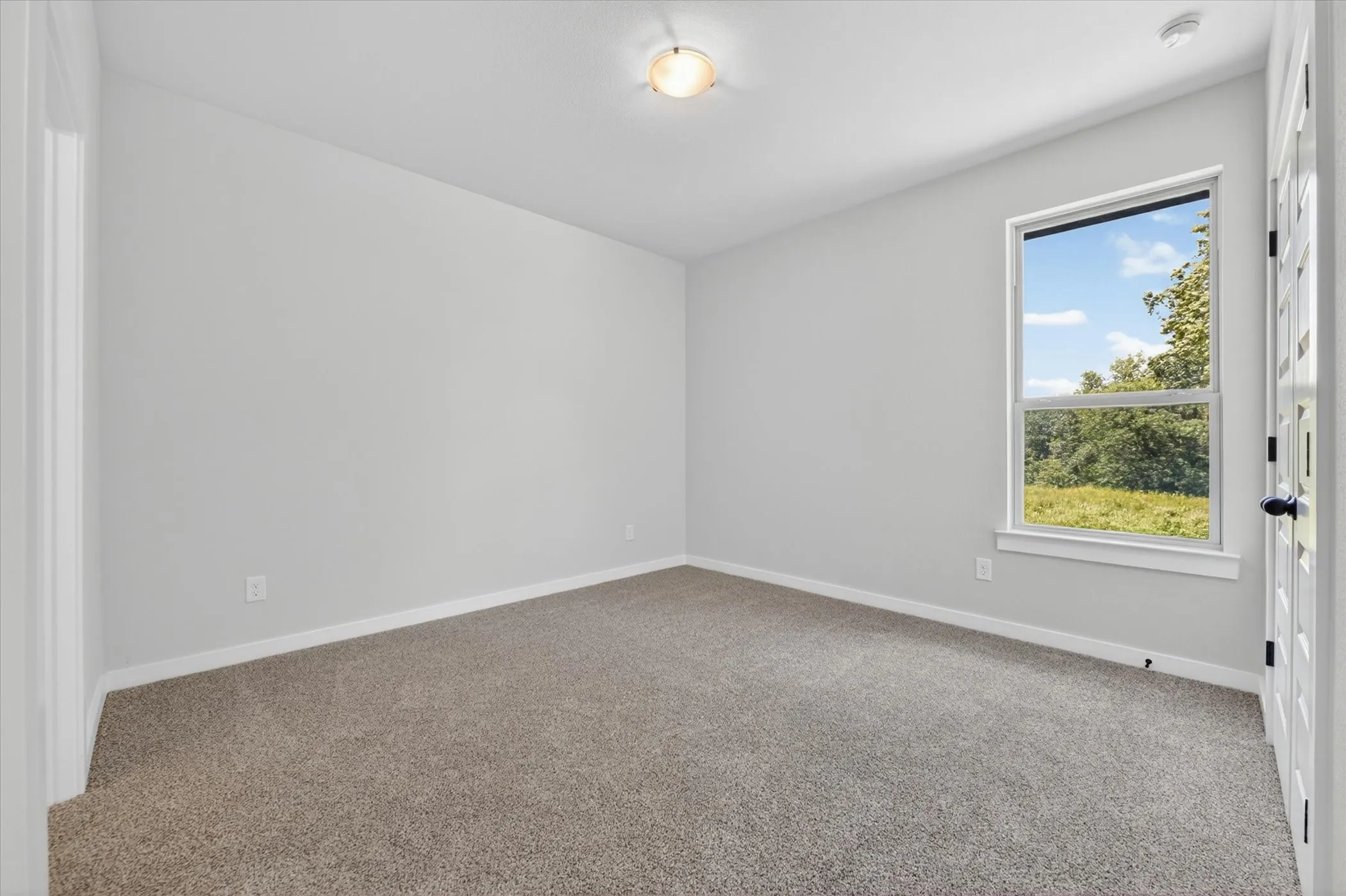 Carpeted room with a single window overlooking a verdant landscape