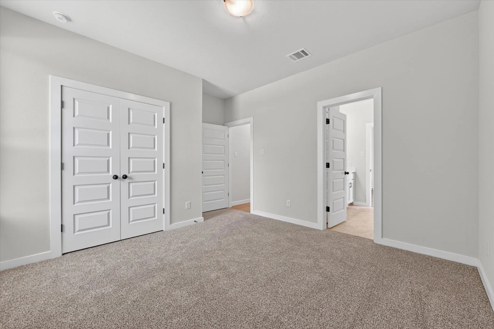 Light gray wall paint complemented by white trim and a neutral carpet