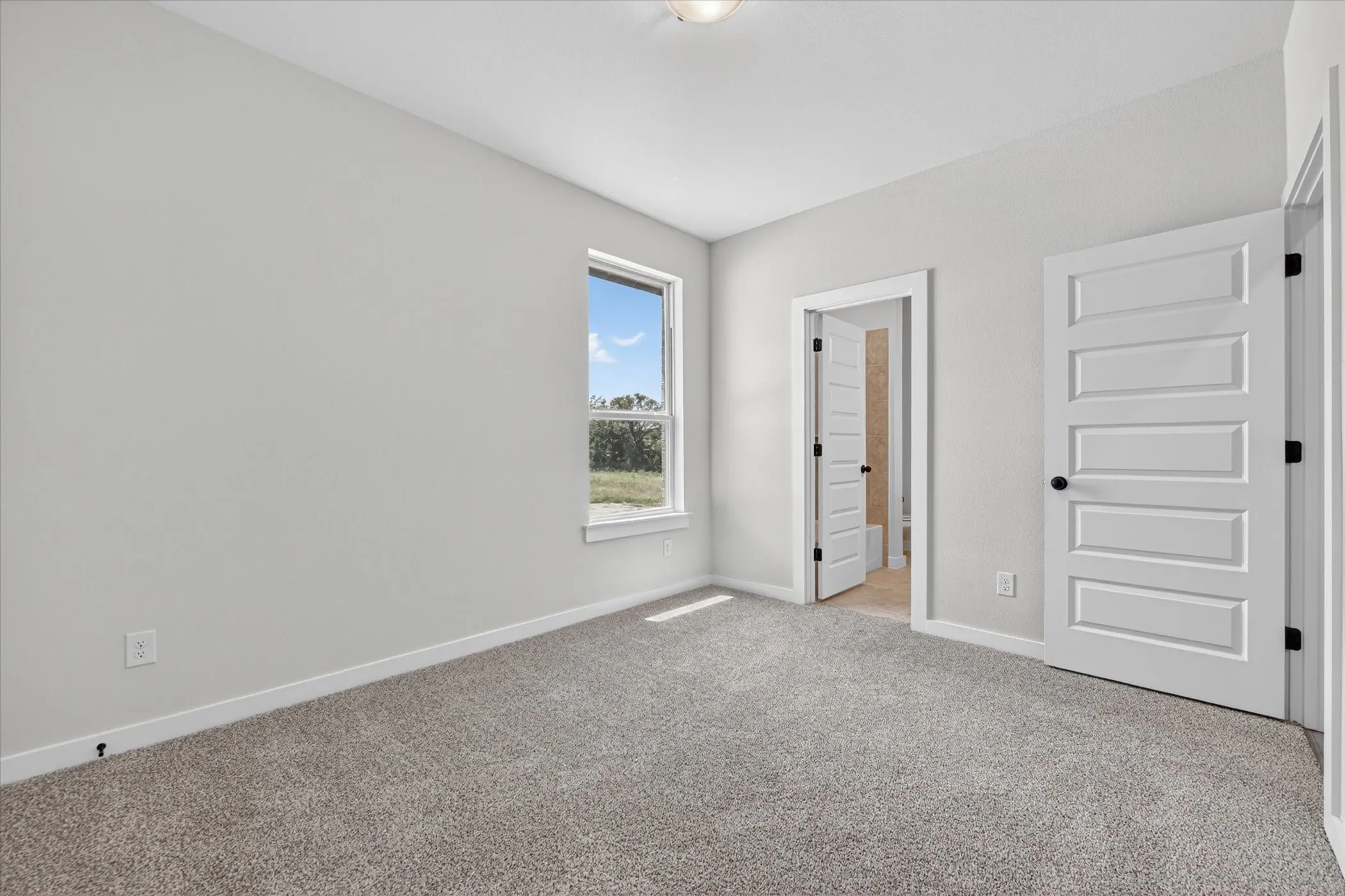 Carpeted room with light gray wall paint, white baseboards, and a single window
