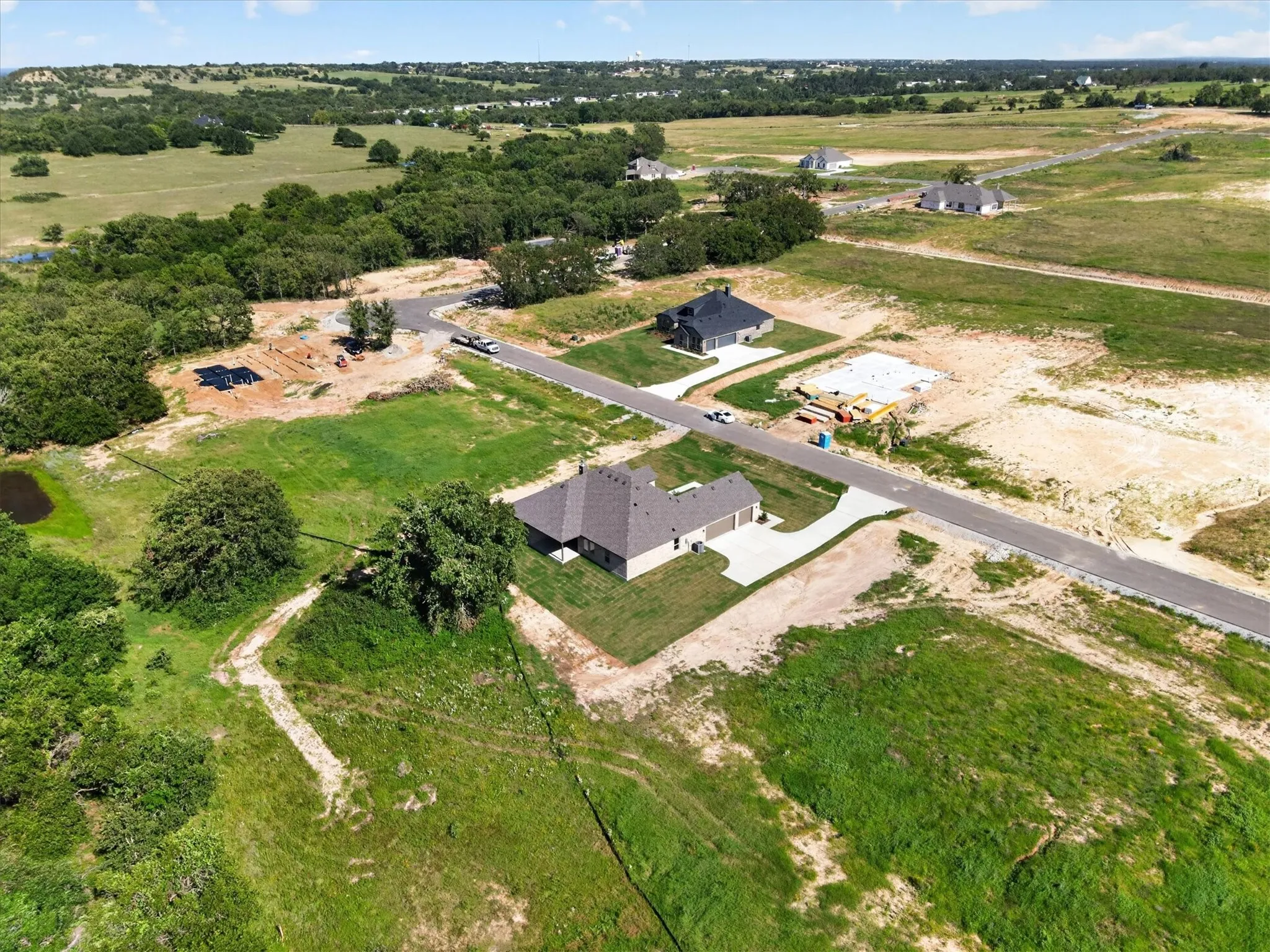 Aerial perspective showcasing a developing residential area with established homes and lots under construction