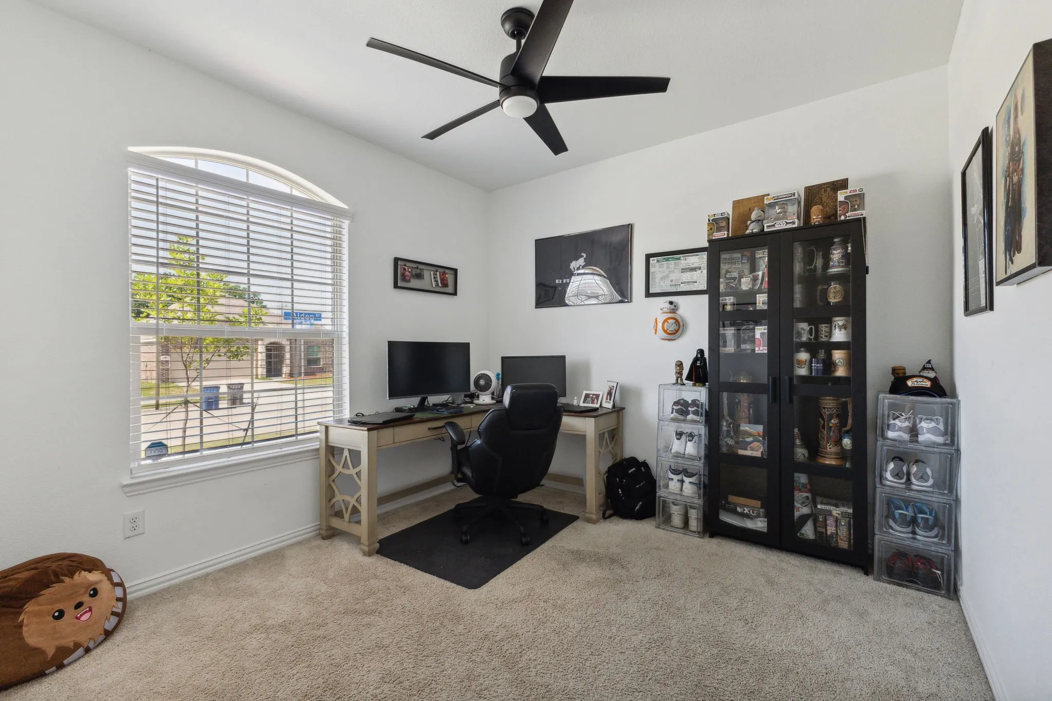 Bright room featuring an arched window with blinds, a ceiling fan with integrated lighting, and neutral-toned carpeting