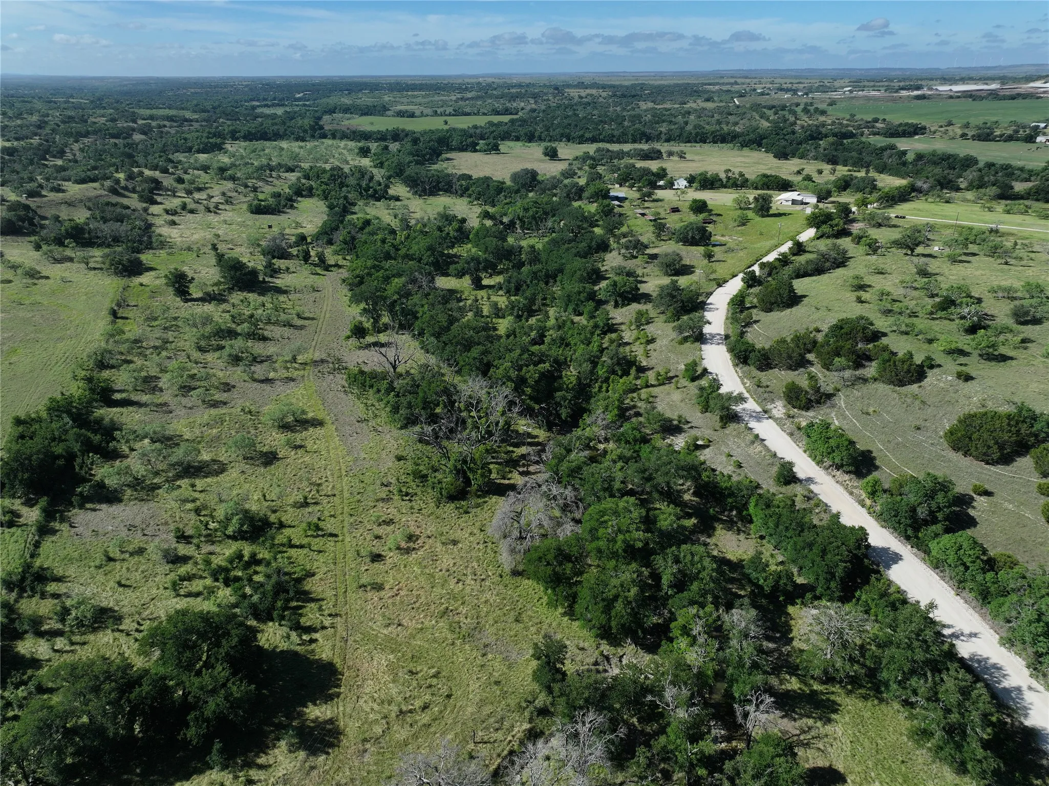 Expansive rural landscape featuring a winding road and abundant mature trees