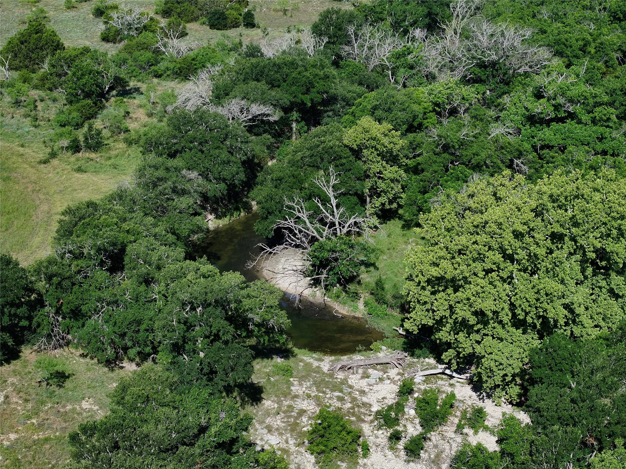 Natural landscape featuring a meandering creek, dense tree coverage, and varied topography
