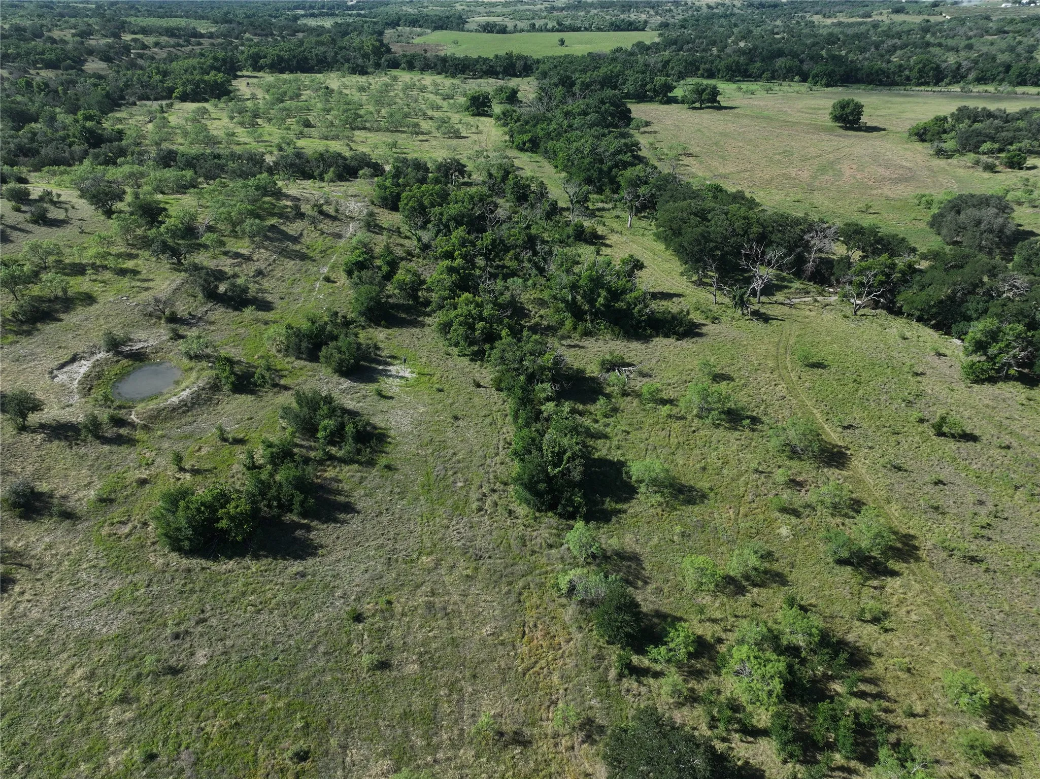 Expansive land parcel featuring open fields, mature tree lines, and a visible pond