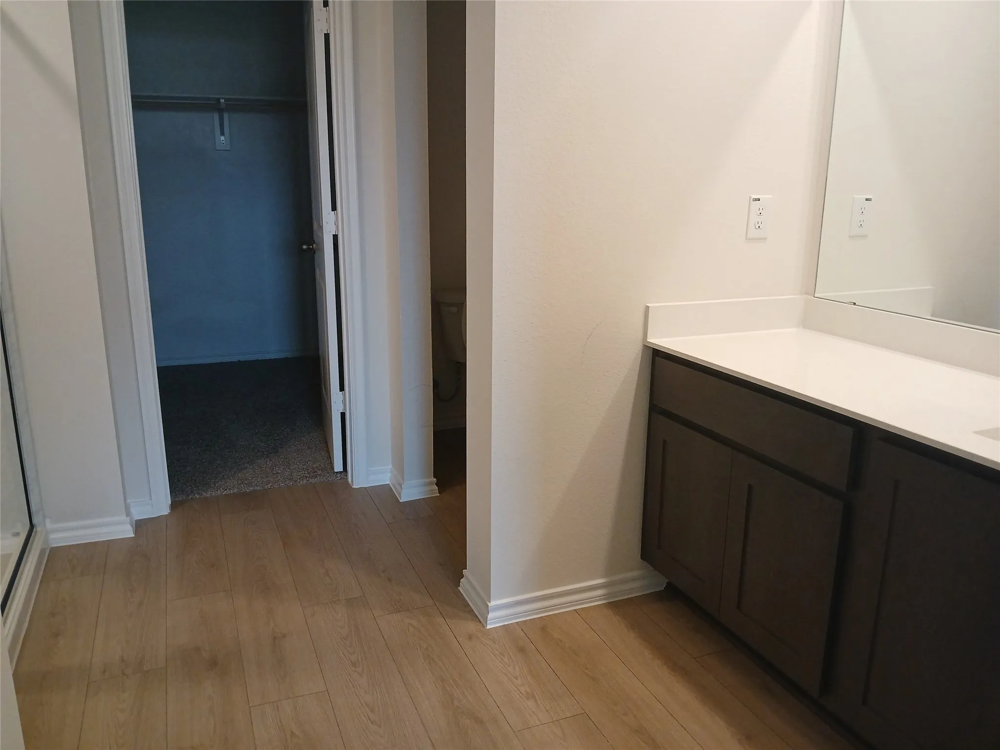 Bathroom vanity featuring white countertop, dark wood-finish cabinetry, and a large mirror