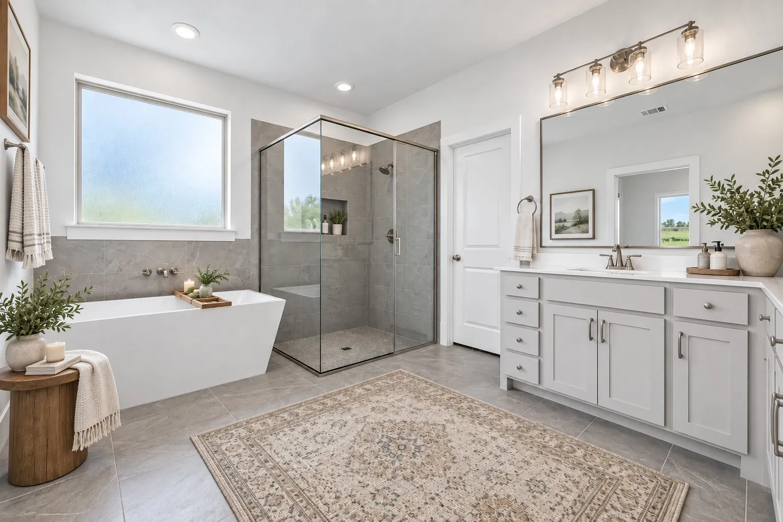 Spacious bathroom featuring a freestanding soaking tub, a frameless glass shower enclosure, and an extended vanity with dual sinks