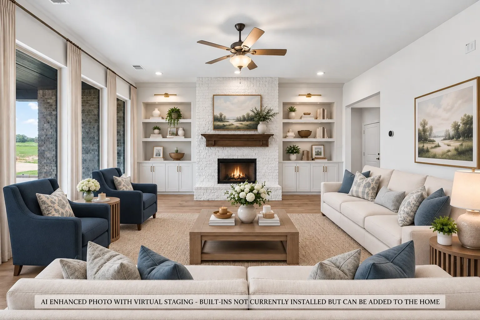 Spacious living area featuring wood-finish flooring, a white brick fireplace with a dark wood mantel, and a ceiling fan