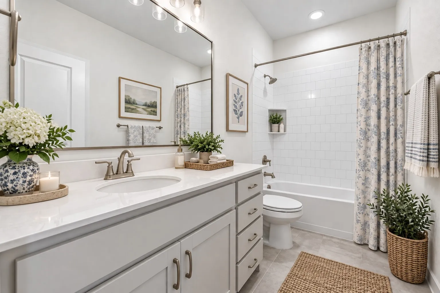 White vanity with an integrated sink, brushed nickel faucet, large vanity mirror, and overhead light fixture
