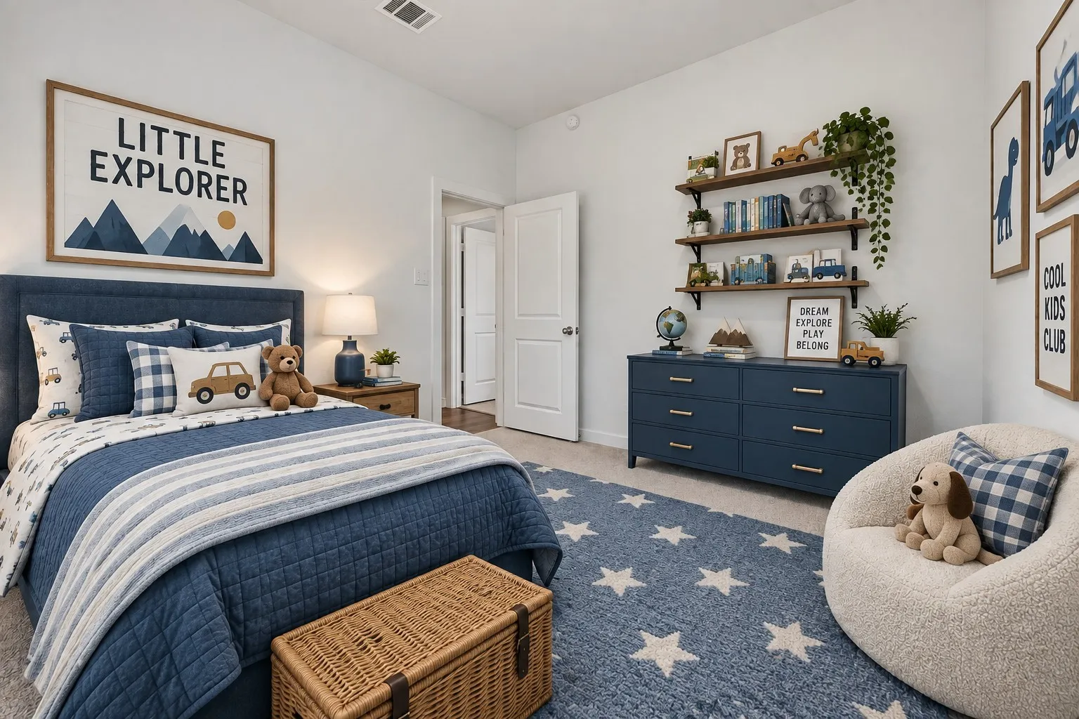 Room featuring light gray carpeting, white walls, white baseboards, and a white interior door with a silver handle