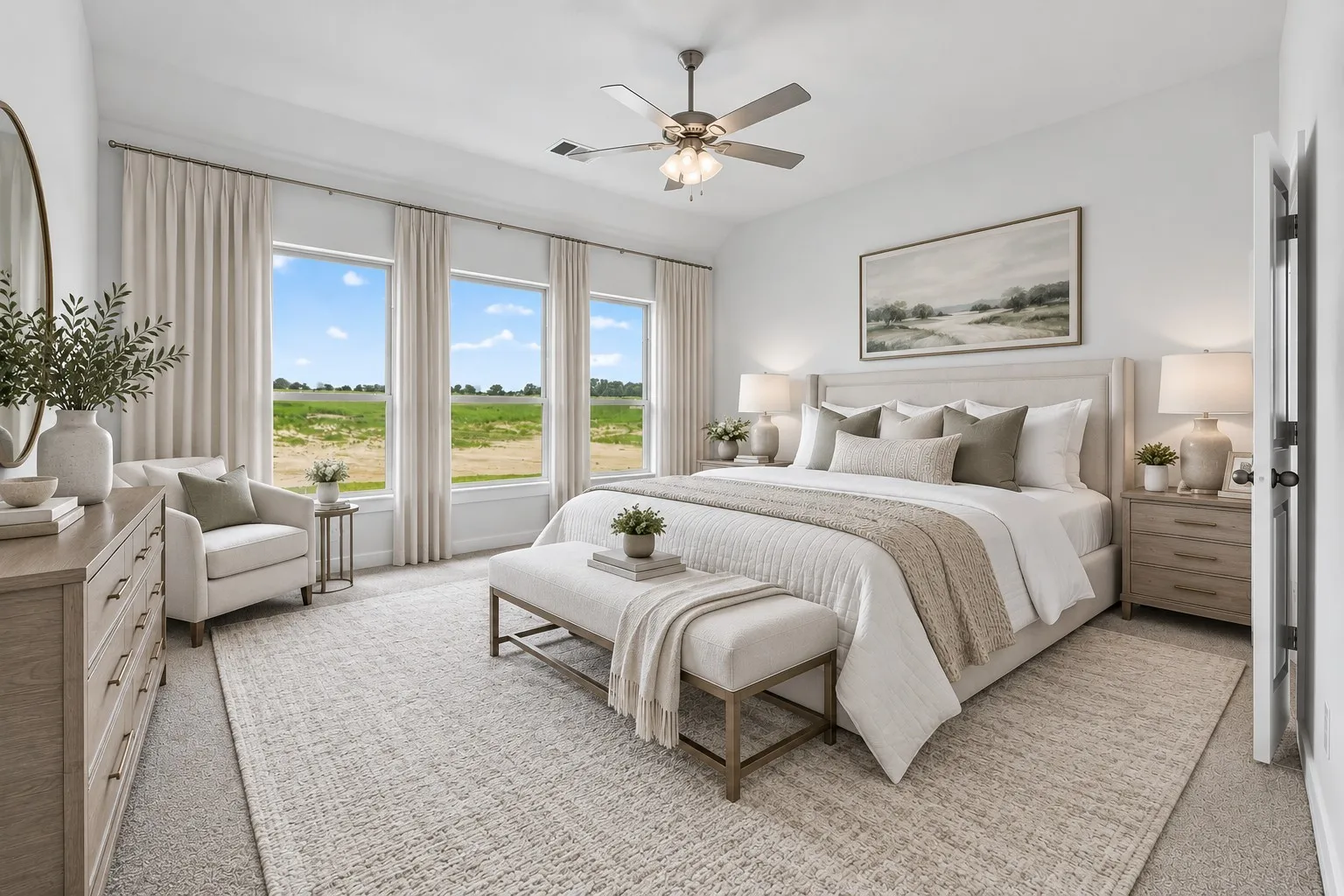 Spacious room featuring light-toned carpeting, white walls, and three large windows offering expansive outdoor scenery