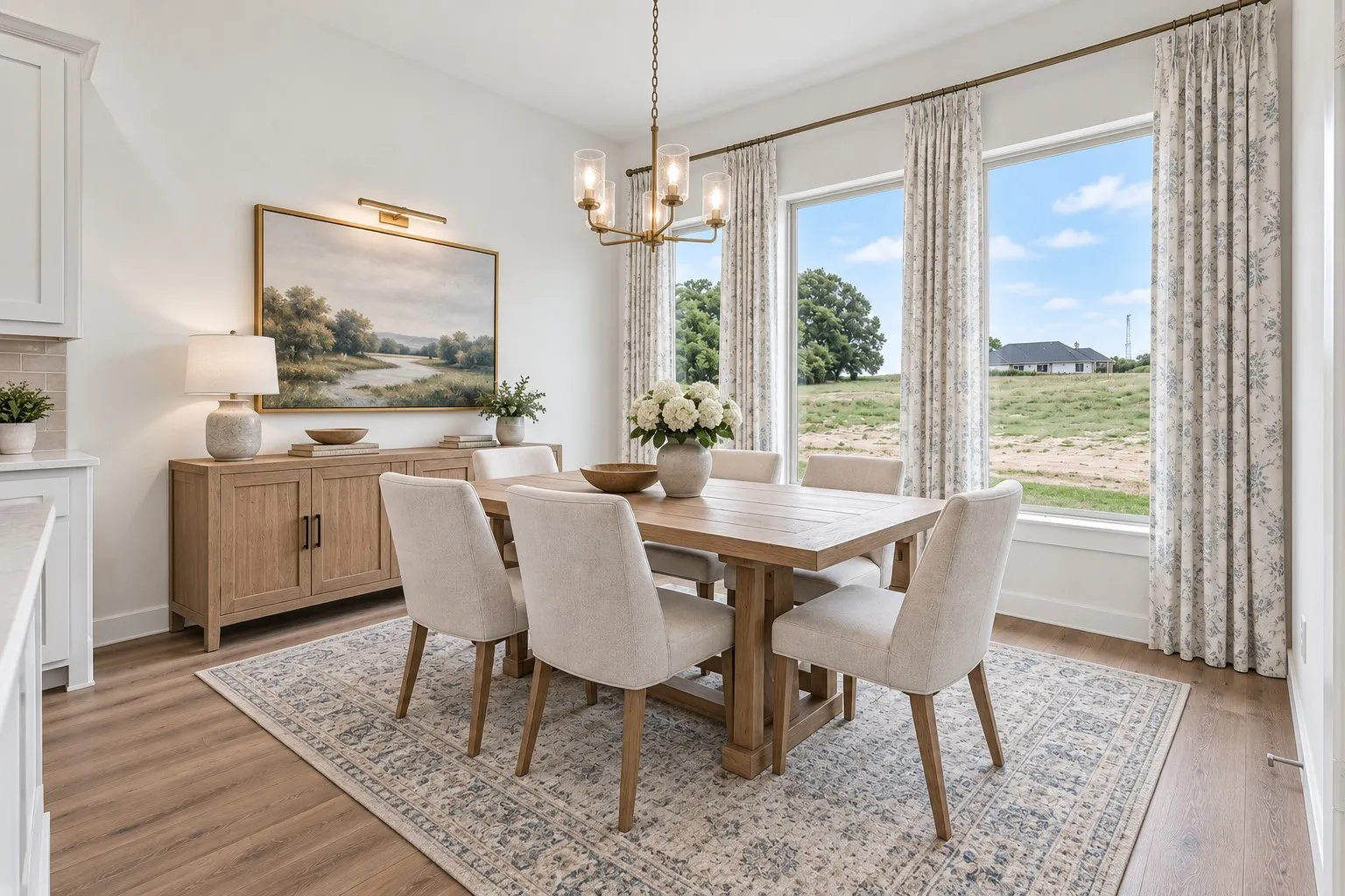 Modern kitchen with wood-finish flooring, light gray cabinetry, stainless steel built-in appliances, a quartz-finish island, and pendant lighting