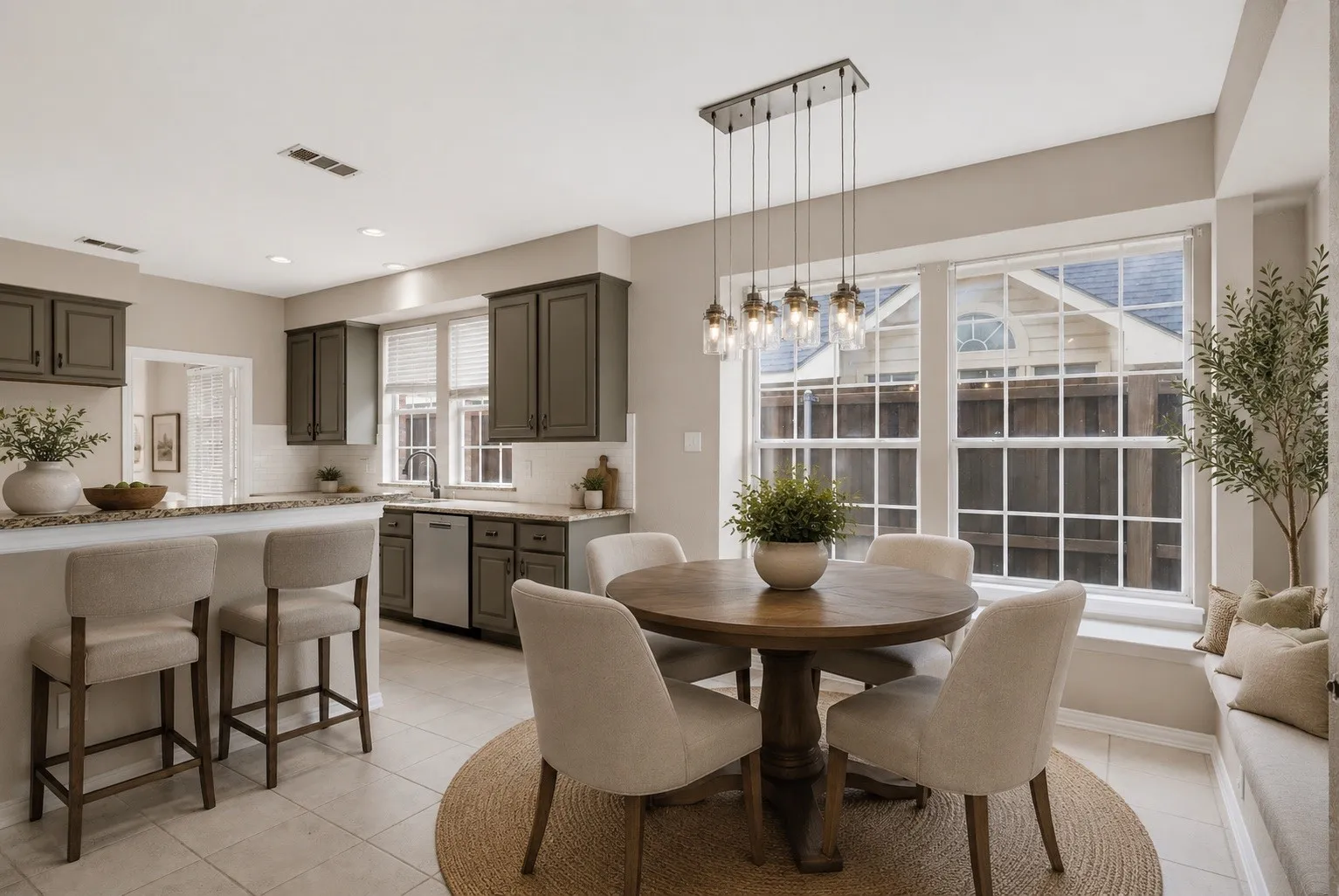 Open-concept kitchen and dining area featuring a breakfast bar with seating, dark shaker-style cabinetry, stainless steel appliances, and light tile flooring