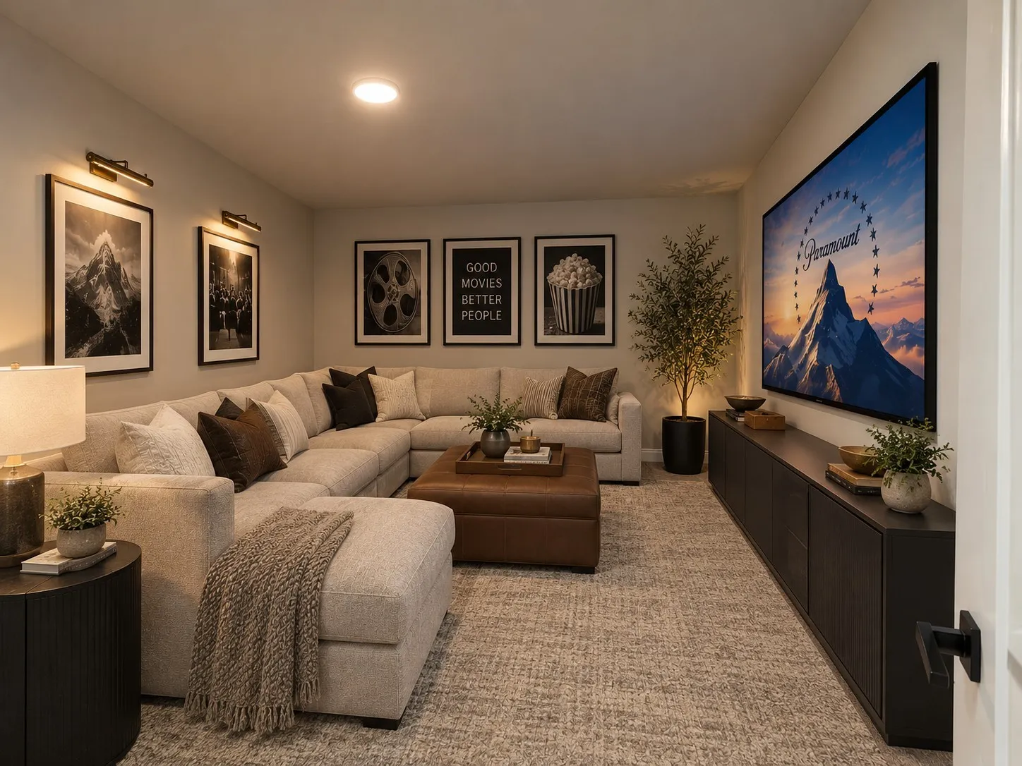 Media room down stairs.This image has been virtually staged. Furniture and décor shown are AI-generated and do not represent the actual contents of the property.
