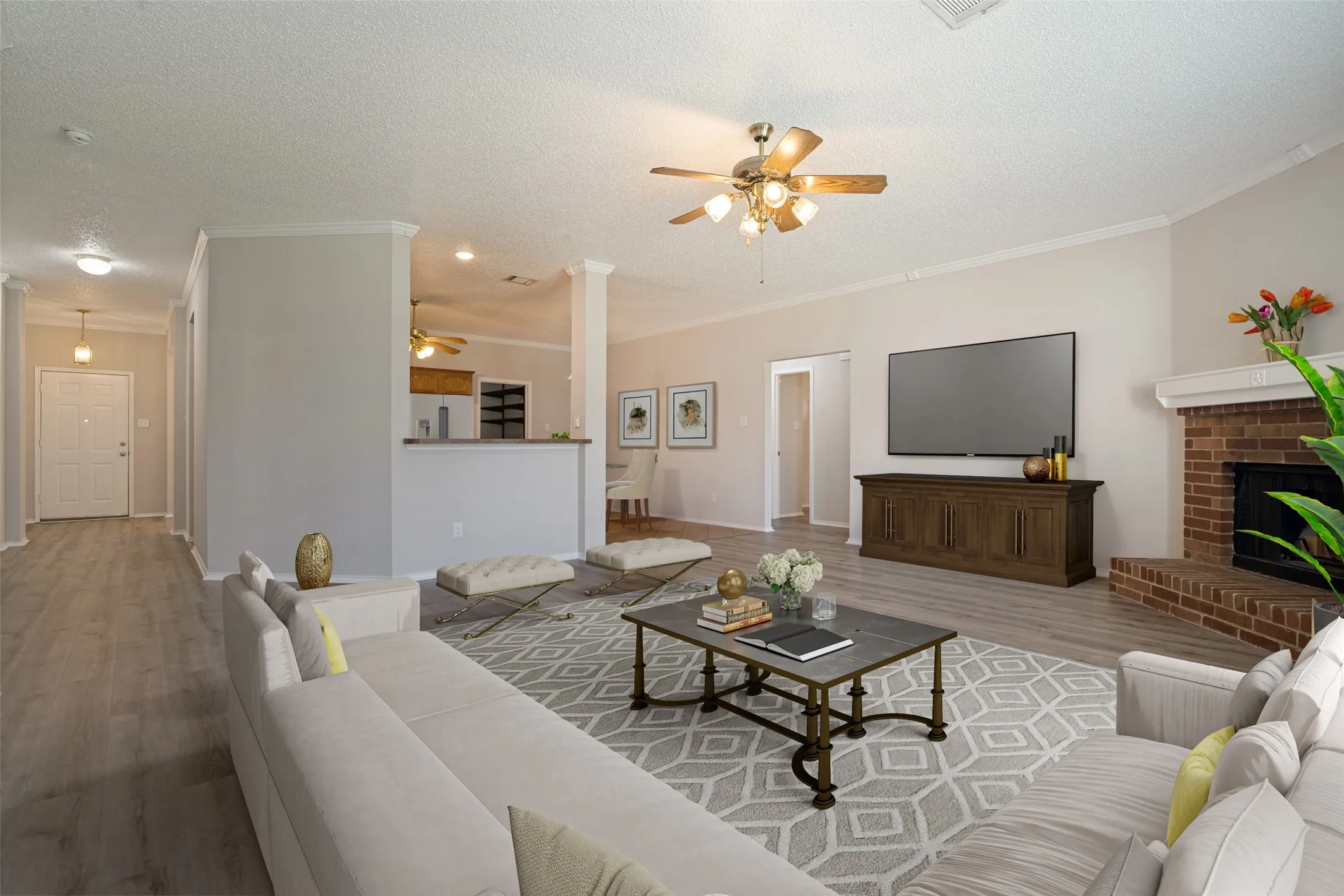 Virtual staging on open kitchen into living room