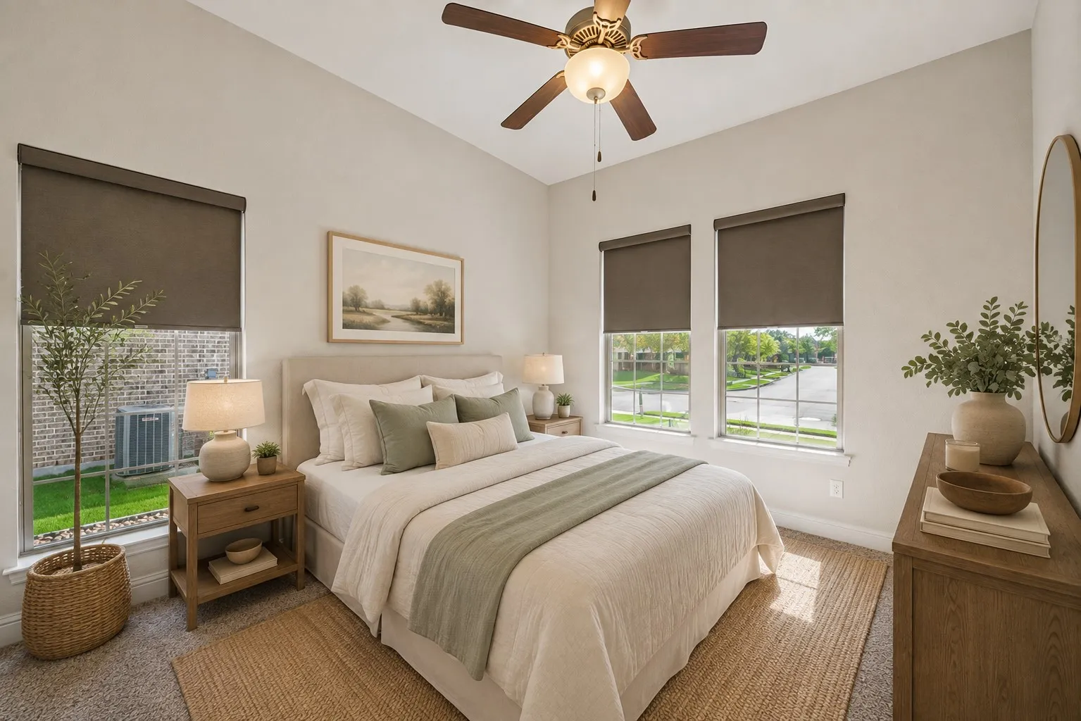 Comfortable secondary bedroom with large windows, plush carpeting, and ample closet space. Enjoy this virtually staged room for furniture placement ideas.