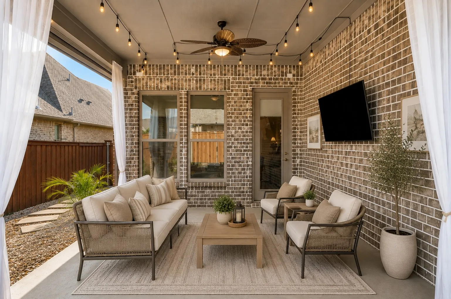 Enjoy year-round outdoor living on the covered patio with comfortable seating and a relaxing atmosphere.  Enjoy this virtually staged patio for furniture  placement ideas.