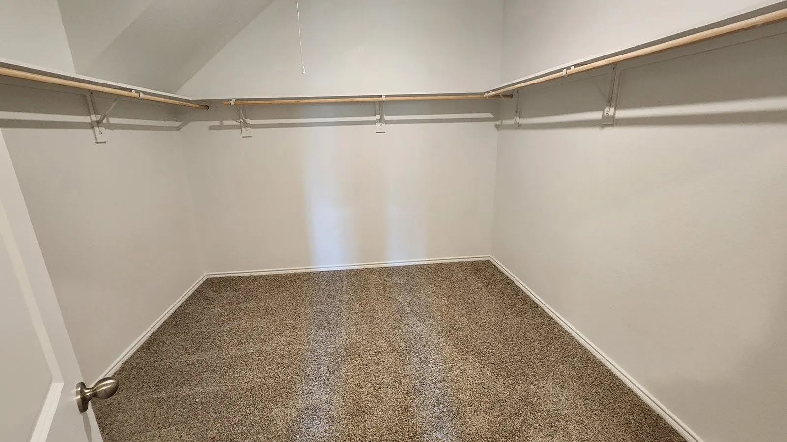 Walk-in closet featuring light-toned carpeting, white walls, and a multi-level clothing rod system