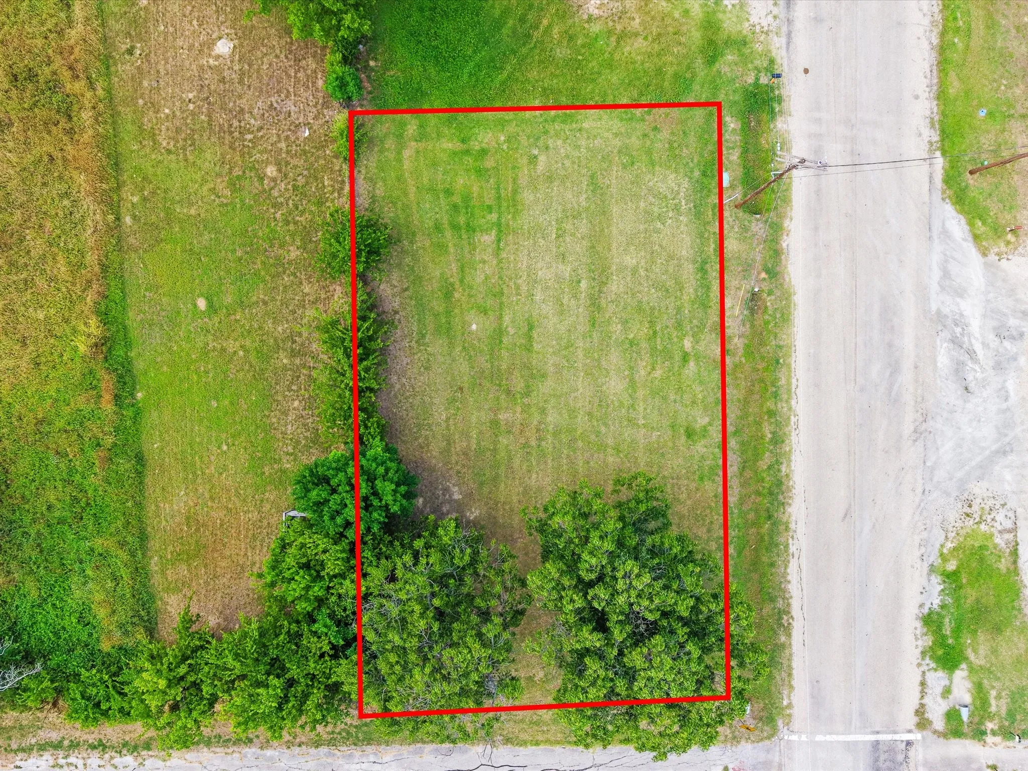 Expansive grass lot featuring scattered natural growth and direct road frontage