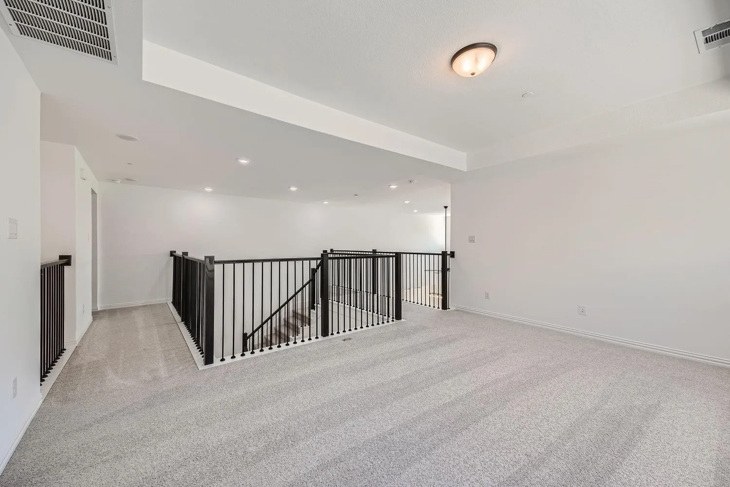 Spacious open landing area featuring light-toned carpeting, white walls, and a modern black metal and wood banister